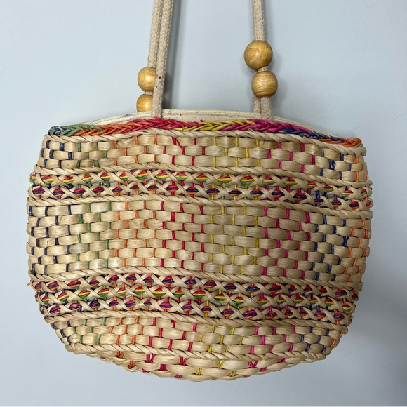 Vintage Straw Bag Purse Handbag Woven Colorful Wooden Beads - Picture 7 of 9
